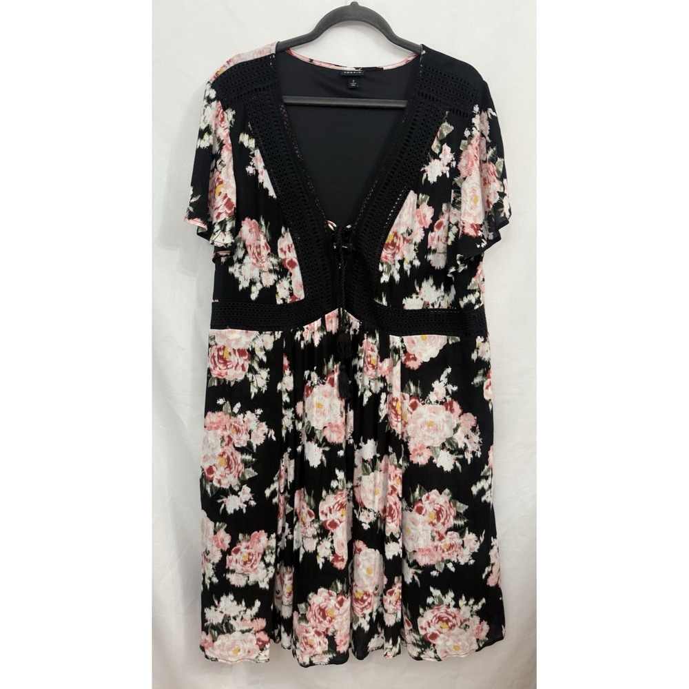 Torrid‎ Lace Up Skater Dress Black Pink Floral Short Sleeve Womens Size 2X
